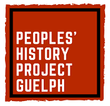 Peoples' History Project Guelph text on red square with black border.