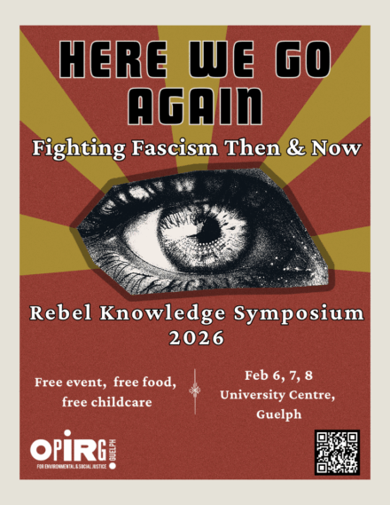Title of poster reads "Here We Go Again: Fighting Fascism Then & Now. Below this is a creepy greyscale image of an eye, kind of 1984 vibes. Below this it reads "Rebel Knowledge Symposium 2026." Info at the bottom reads "Free event, free food, free childcare. Feb 6,7,8. University Centre, Guelph. OPIRG logo bottom left, QR code leading to http://symposium.opirgguelph.org/ bottom right.